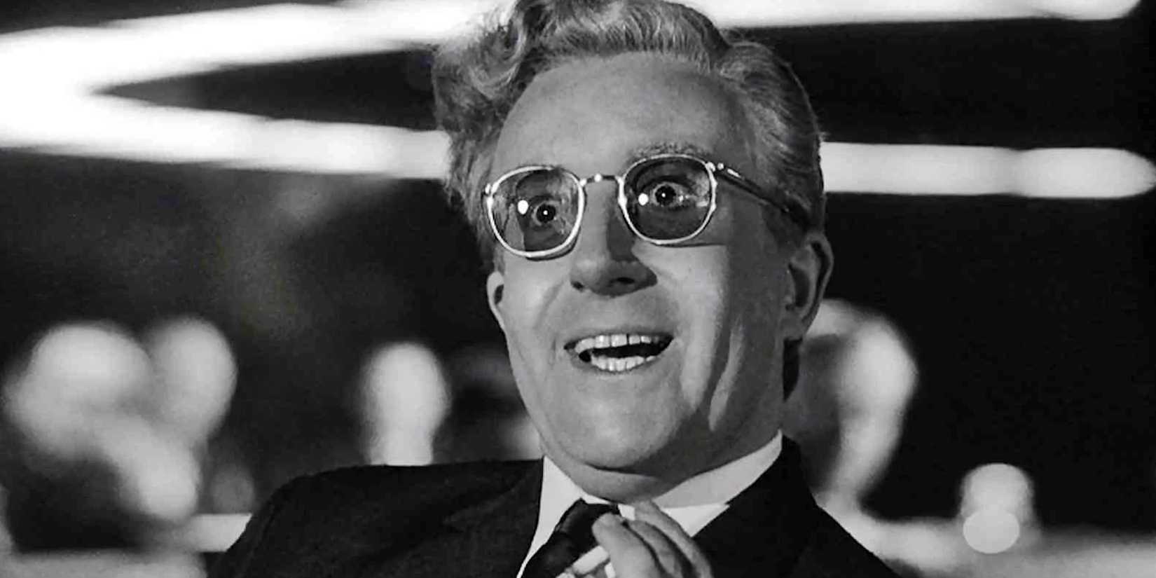 Dr Strangelove with his eyes wide open and a surprised expression