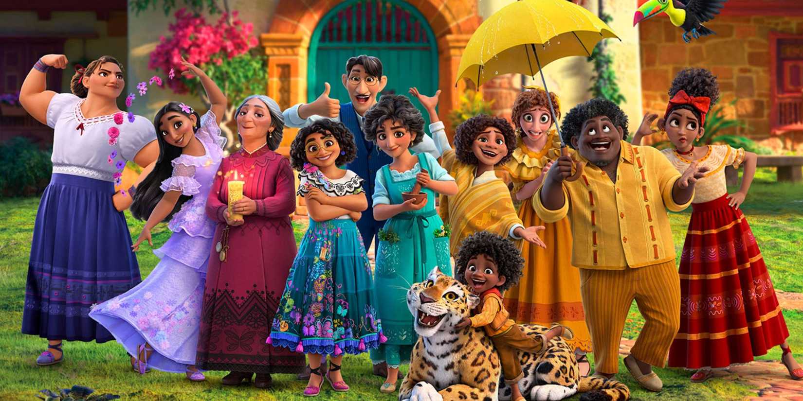 The Madrigal family, featuring Mirabel in a white top and blue skirt, in front of Casa Madrigal in Encanto.