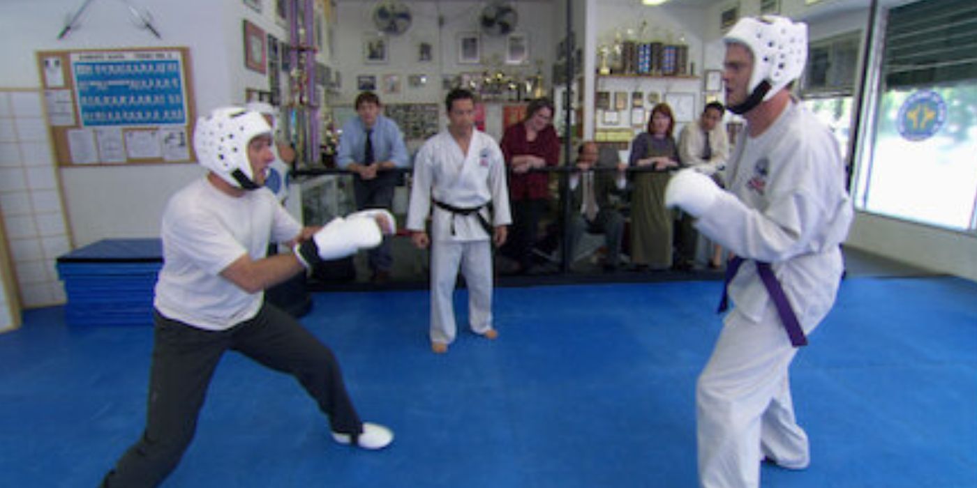 Michael and Dwight fighting in the karate dojo