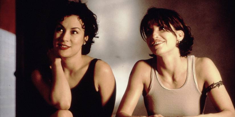 Gina Gershon and Jennifer Tilly in Bound Movie smiling.