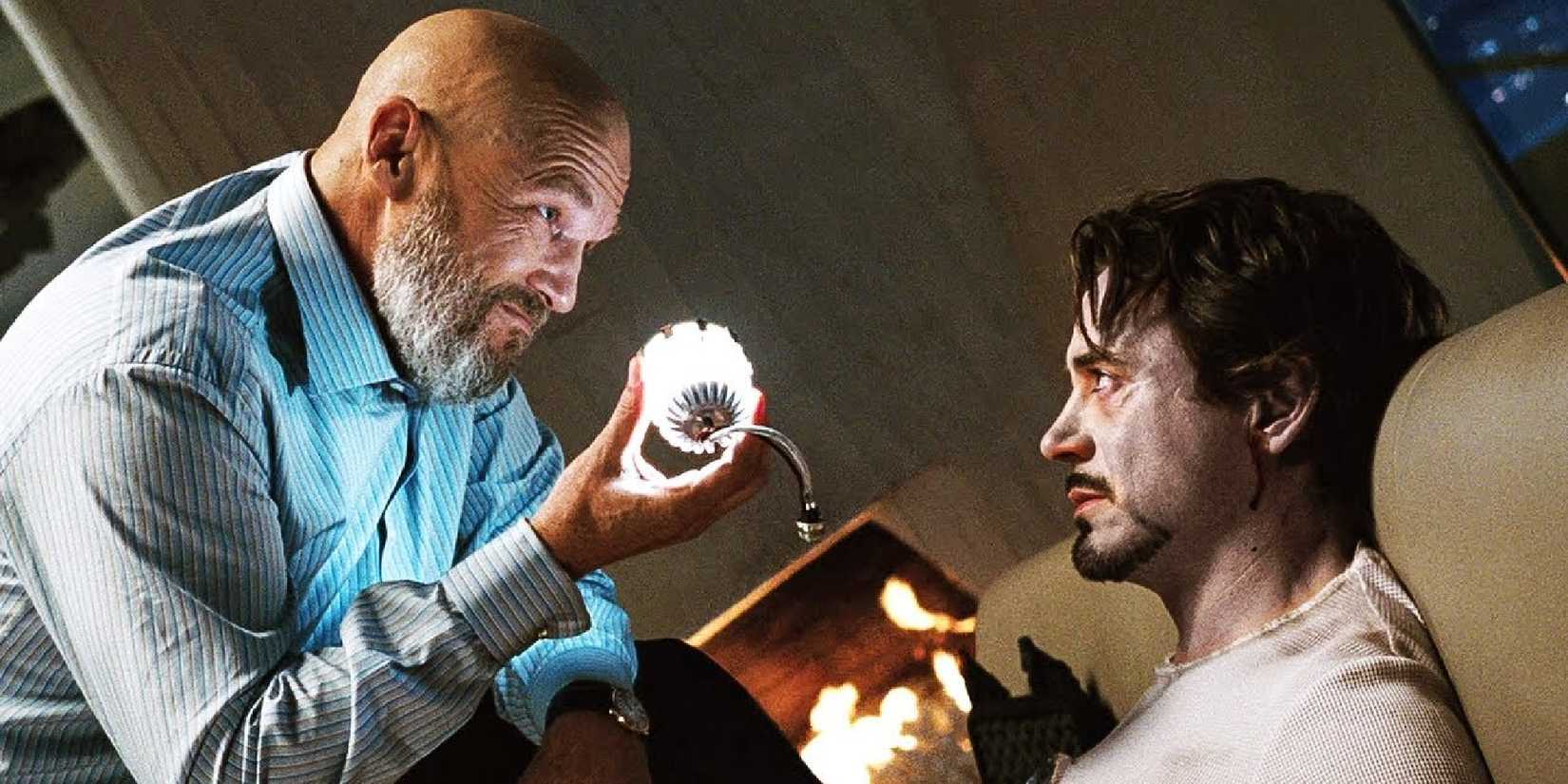 Obadiah Stane (Jeff Bridges) pulling out Tony's (Robert Downey Jr.) arc reactor in Iron Man.