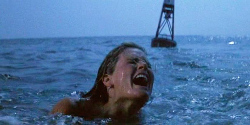 A young woman screams in terror as she is attacked by the shark in ‘Jaws’ (1975).