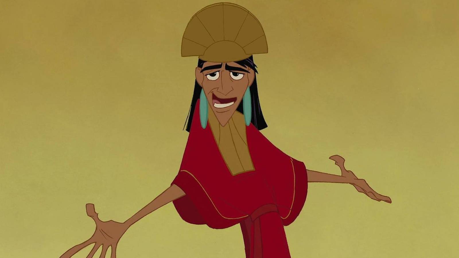 Kuzco (voiced by David Spade) gesturing with his arms out in The Emperor's New Groove (2000)