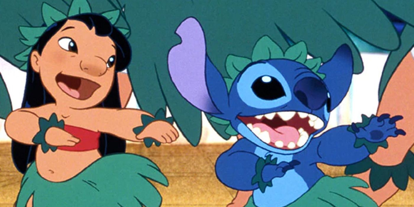 Lilo and Stitch wearing a flower crown and a grass skirt dancing