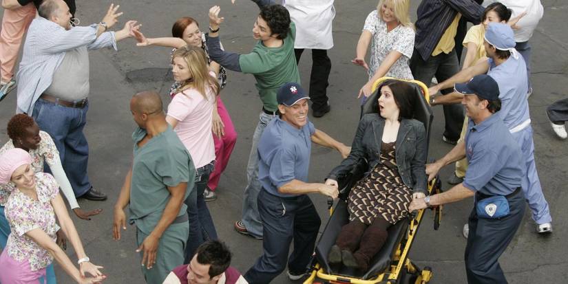 People dancing  in the street during the My Musical episode of Scrubs
