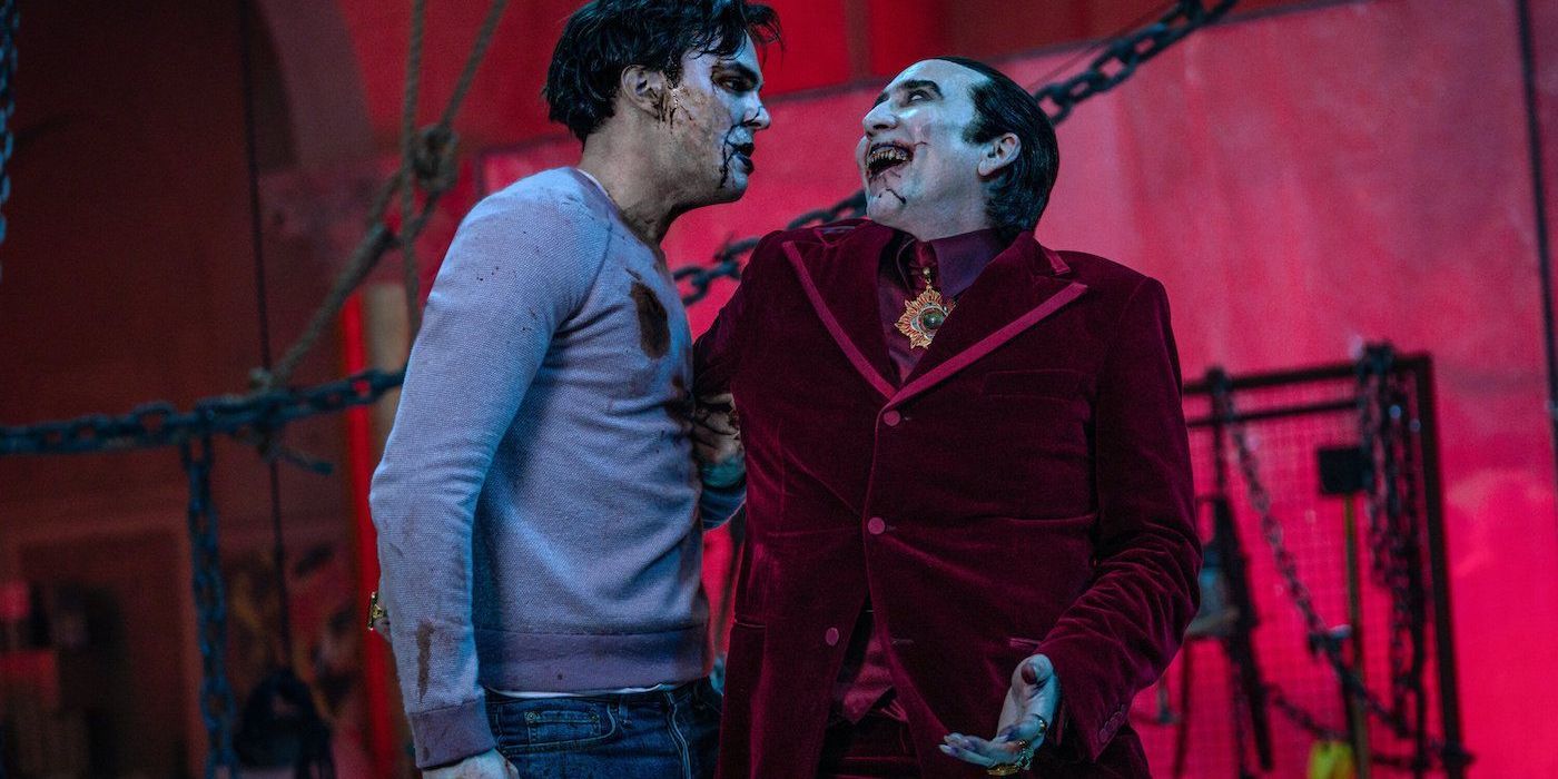 Nicholas Hoult as Renfield and Nicolas Cage as Dracula in Renfield