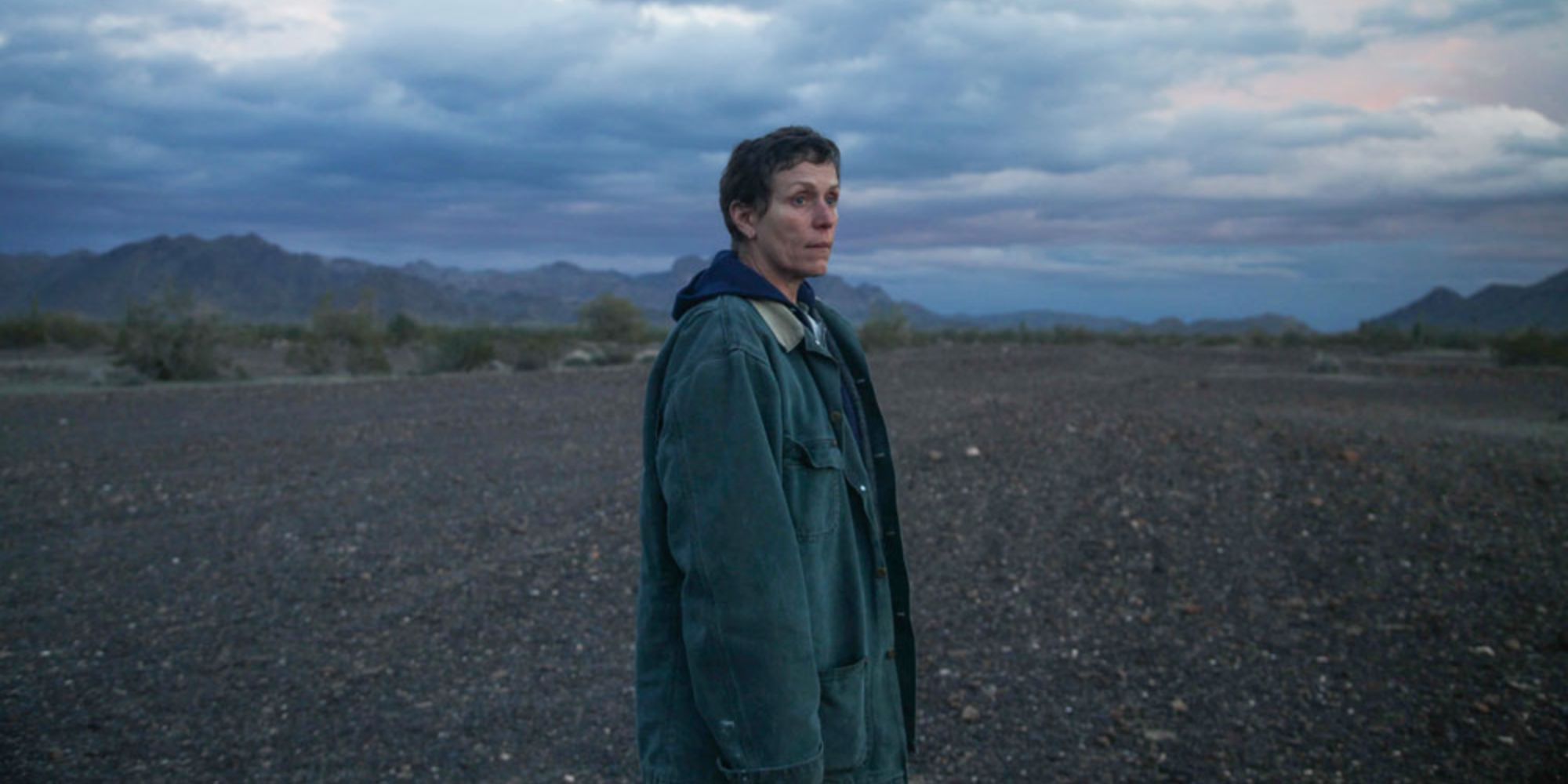 Fern standing in an open rural field in Nomadland (2020)