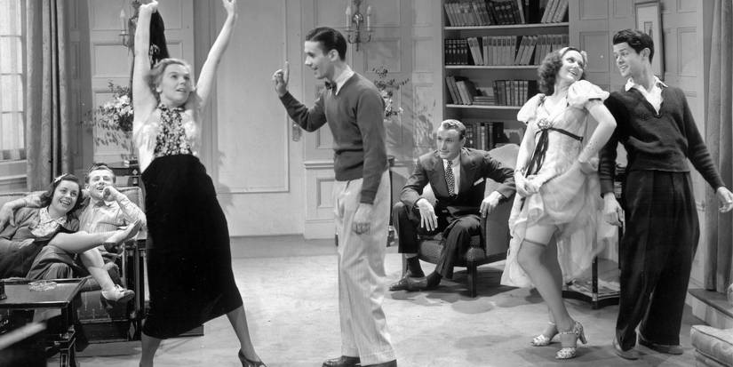 The cast of Reefer Madness dancing and partying in the living room
