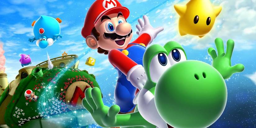 Mario riding Yoshi with Lumas around him in Super Mario Galaxy 2