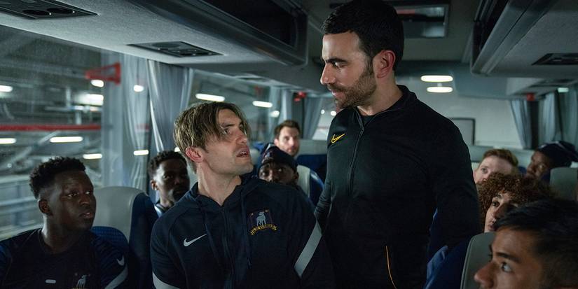 Phil Dunster as Jamie Tartt and Brett Goldstein as Roy Kent in Ted Lasso