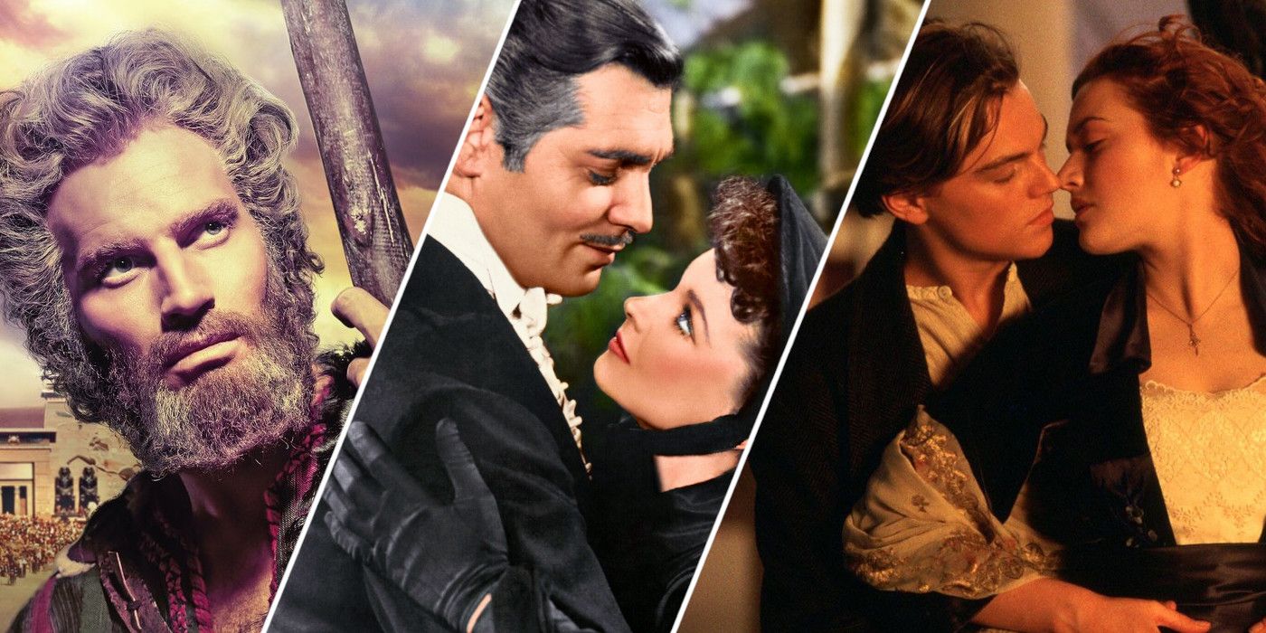 Split image showing characters from The Ten Commandments, Gone with the Wind, and Titanic