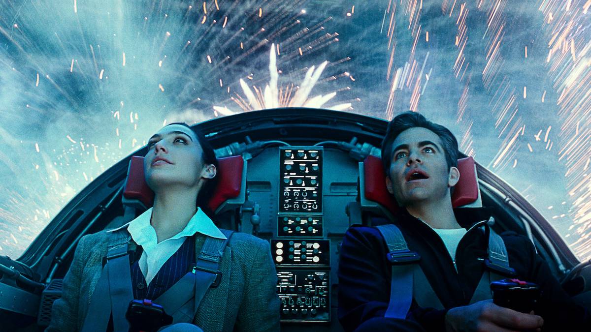 Wonder Woman and Steve Trevor in the invisible jet in Wonder Woman 1984