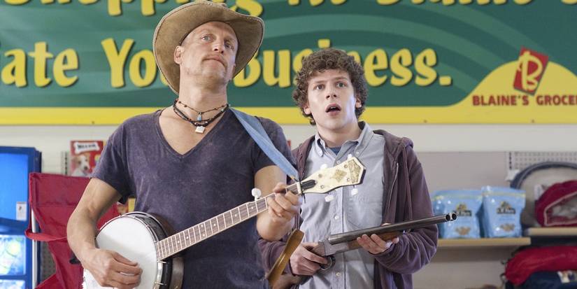 Tallahassee and Columbus looking ahead in Zombieland (2009)
