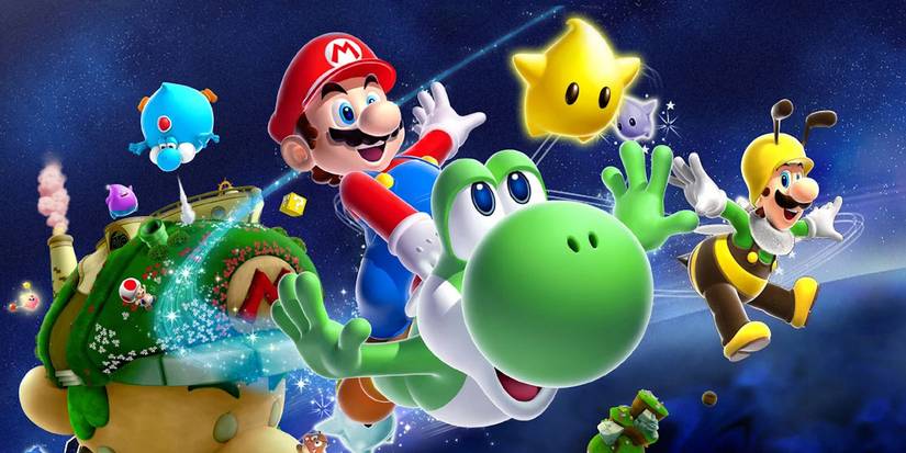 Mario riding Yoshi with Bee Luigi and Luma beside him in Super Mario Galaxy 2