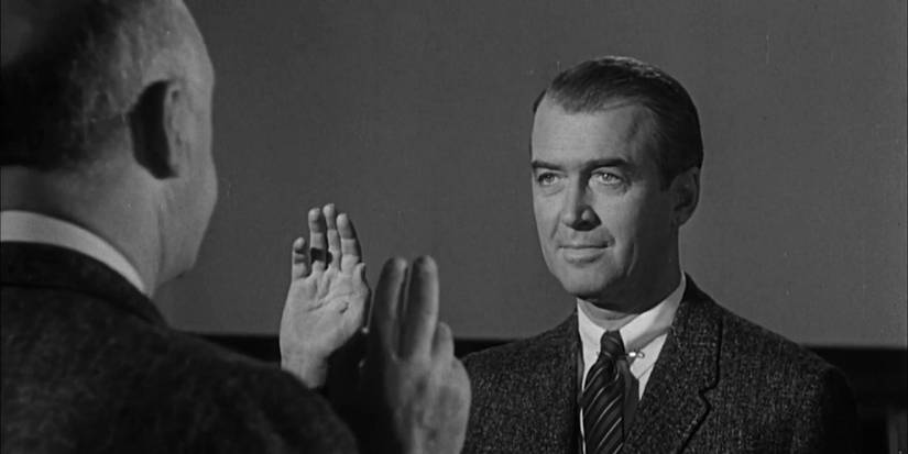 James Stewart as Paul Biegler taking an oath in Anatomy of a Murder.