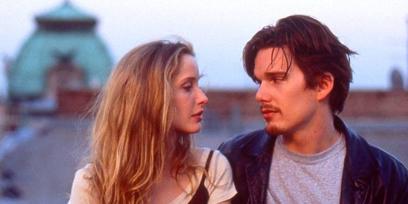 Ethan Hawke and Julie Delpy looking into each other's eyes and falling in love in 'Before Sunrise' (1995).