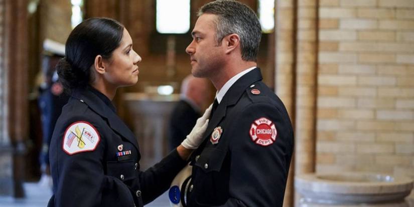Stella Kidd and Kelly Severide look at one another in Season 7 of Chicago Fire