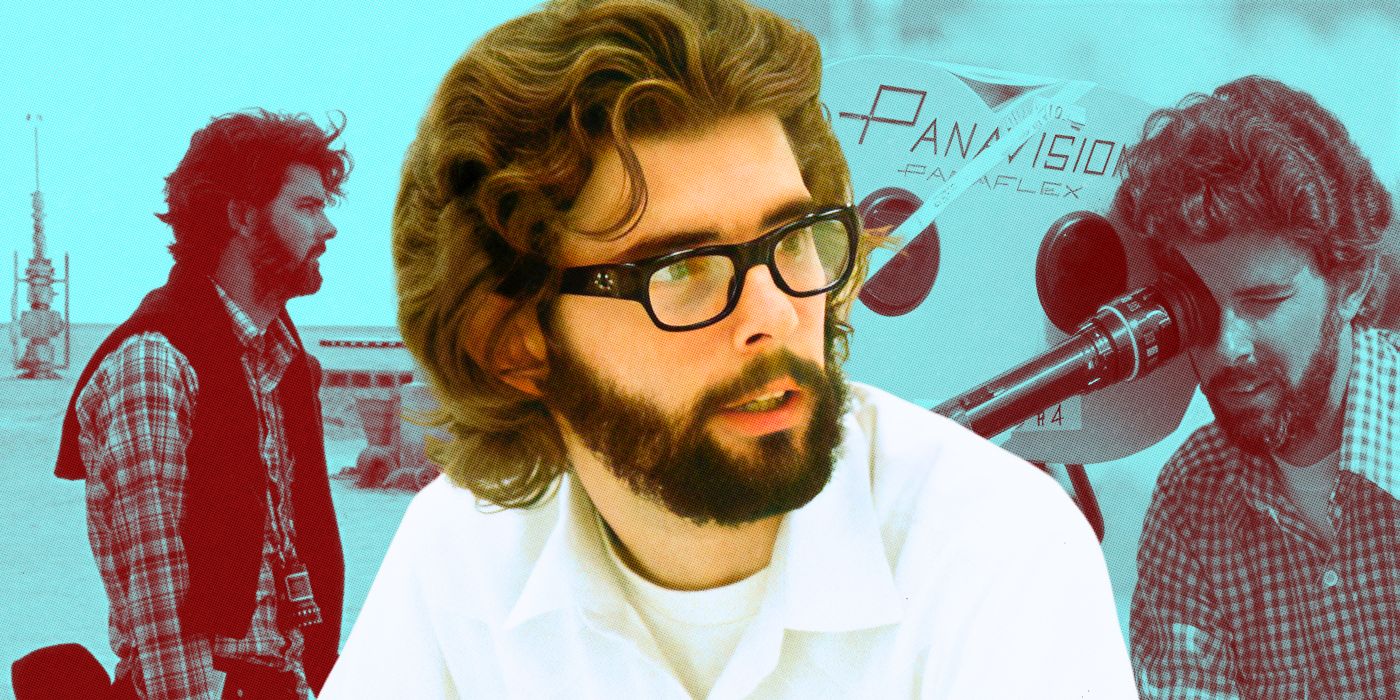 George Lucas with images of himself directing in the background
