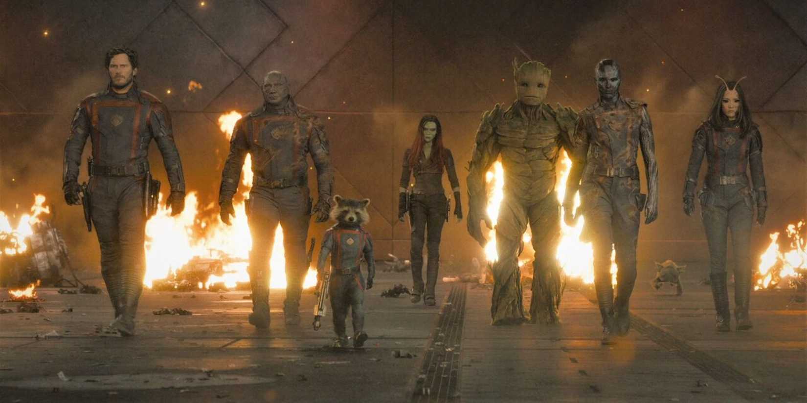 The Guardians walking away from a fire in Guardians of the Galaxy Vol. 3