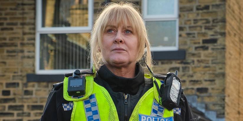 Sarah Lancashire as Catherine Cawood in a police uniform looking serious in Happy Valley, Season 3.