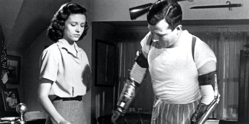 Harold Russell and Cathy O'Donnell as Homer Parrish and Wilma Cameron, talking solemnly in The Best Years of Our Lives