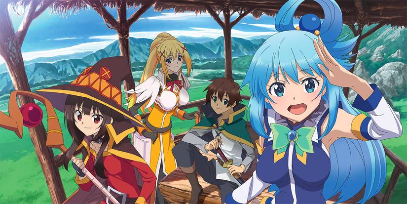 Characters from Konosuba: God's Blessing on This Wonderful World with mountains in the background.