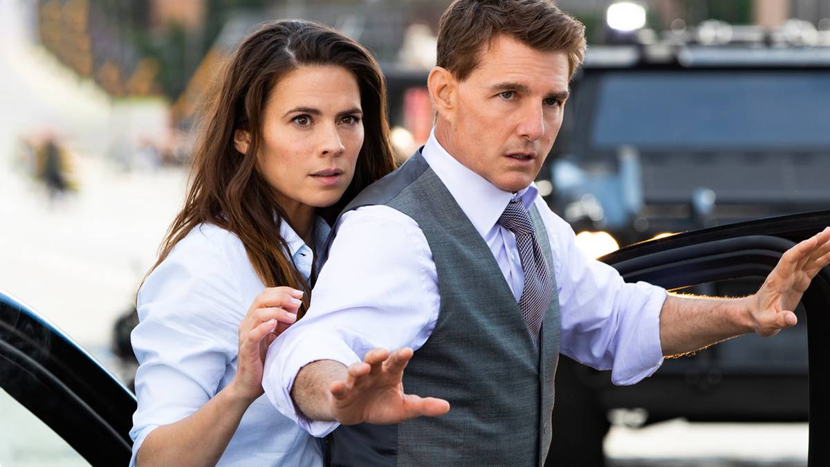 Tom Cruise as Ethan Hunt and Hayley Atwell as Grace in Mission Impossible Dead Reckoning Part One