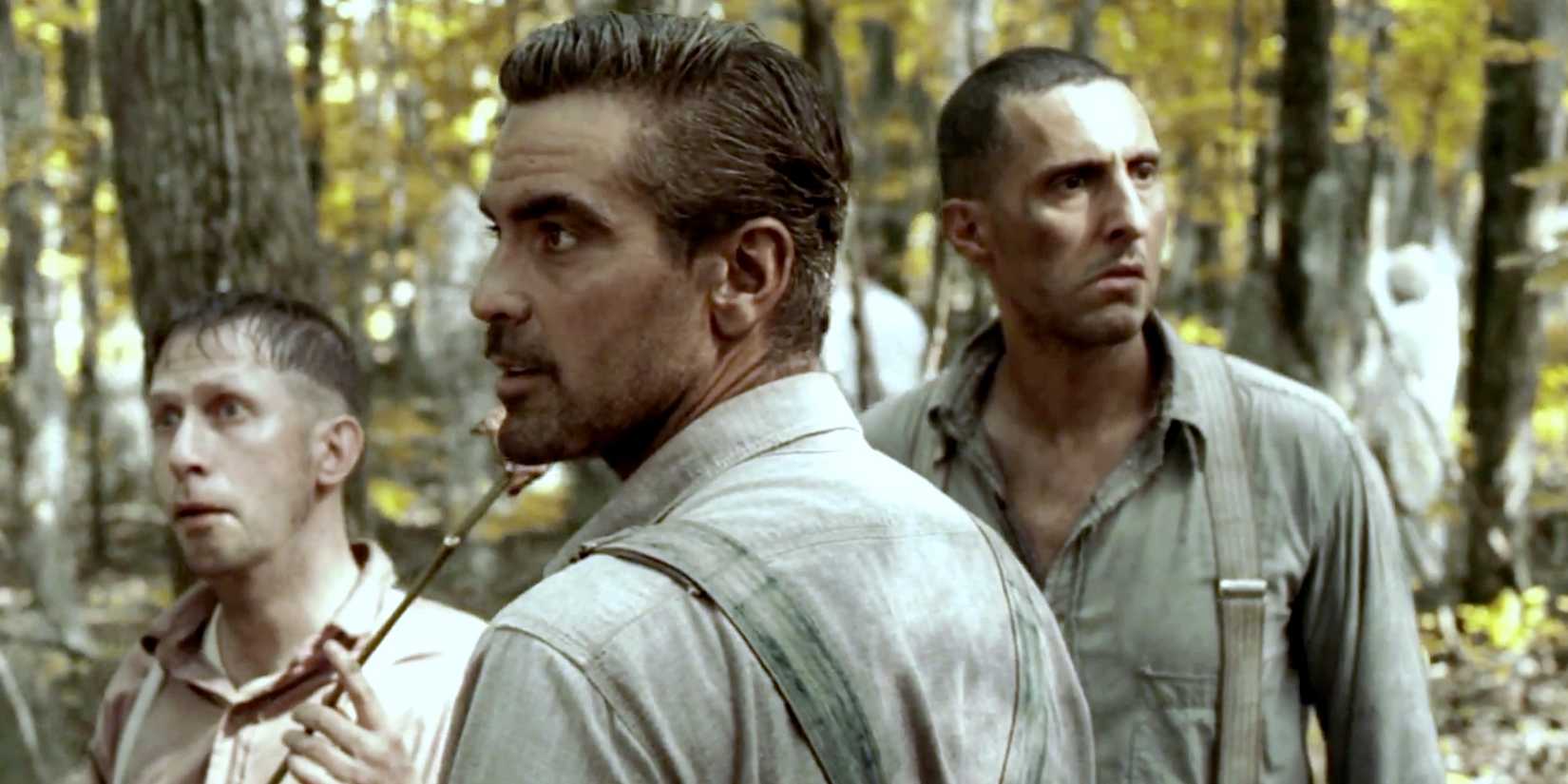 Delmar, Ulysses, and Pete looking confused in the forest in O Brother, Where Art Thou?