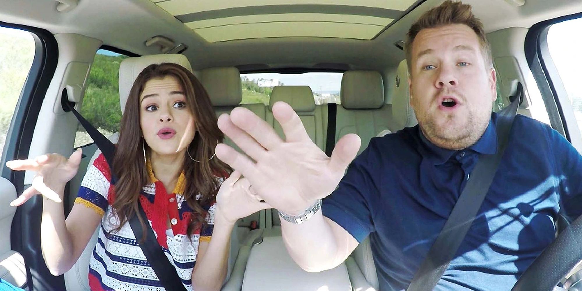 Selena Gomez and James Corden doing Carpool Karaoke