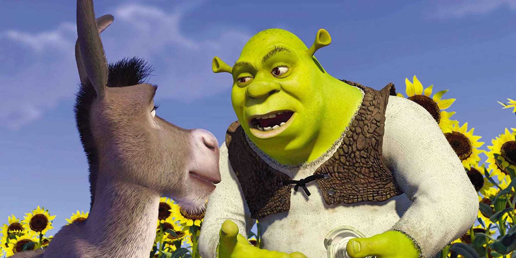 Shrek talking to Donkey in a sunflower patch in Shrek.