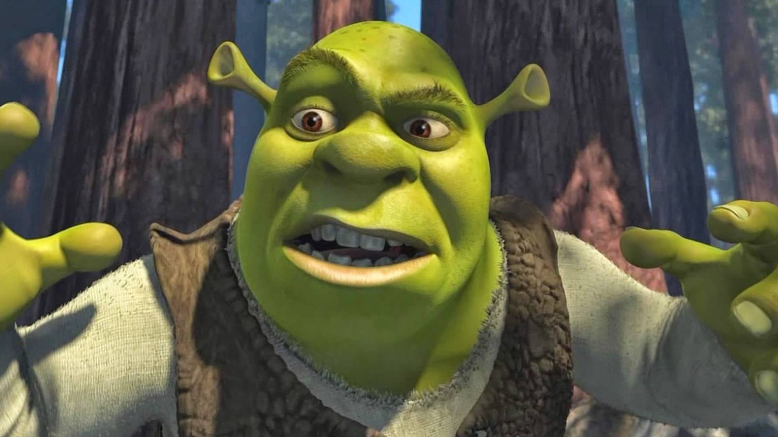 Shrek raising his hands and looking confused in Shrek
