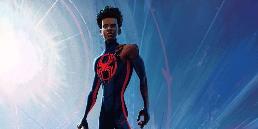 Miles Morales, voiced by Shameik Moore, stands with his suit torn in Spider-Man: Across the Spider-Verse.
