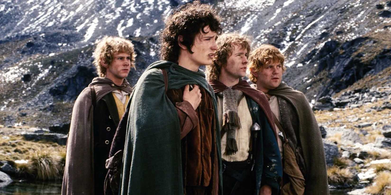 Frodo, Sam, Merry, & Pippin in the mountains look to the distance in Fellowship of the Ring