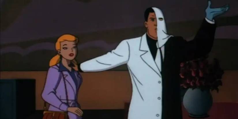 Two Face explains his new life to his fiancé, Grace