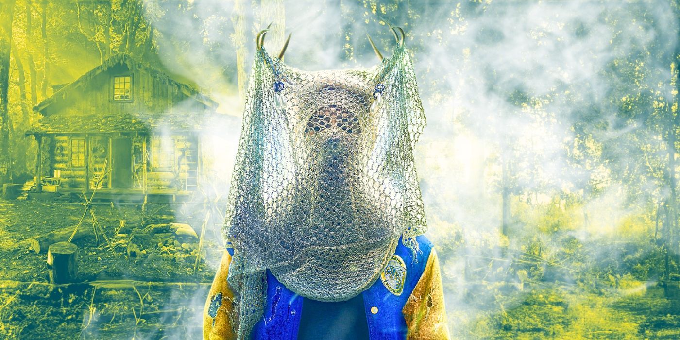 custom image of the antler queen from Yellowjackets against a smoky background with a cabin in view