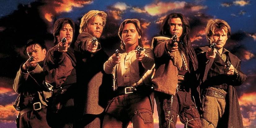 The main characters of Young Guns aiming guns at the viewer