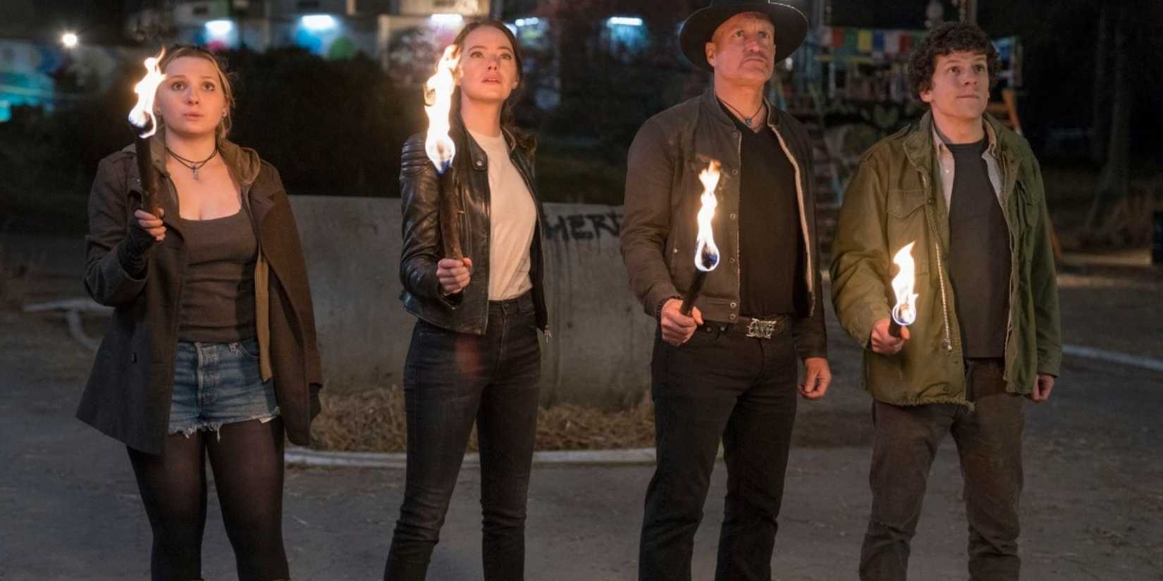 A still from Zombieland” (2009), with Woody Harrelson holding fire