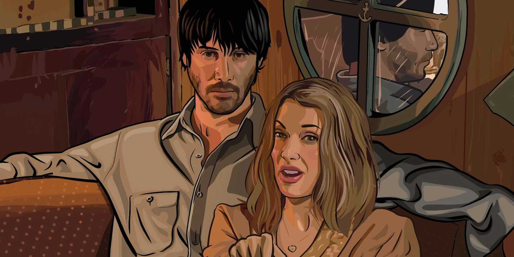 Keanu Reeves sits with Winona Ryder in a booth in a Scanner Darkly as rotoscopic animation