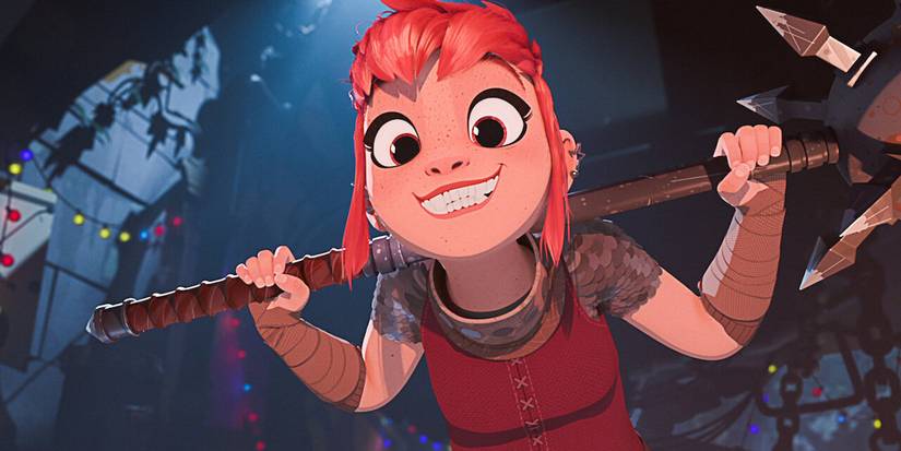 Nimona smiling widely while leaning down and looking at someone off-camera in Nimona.