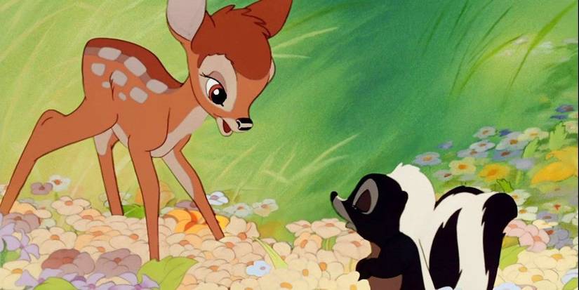 Bambi and Flower talking in a meadow in Bambi