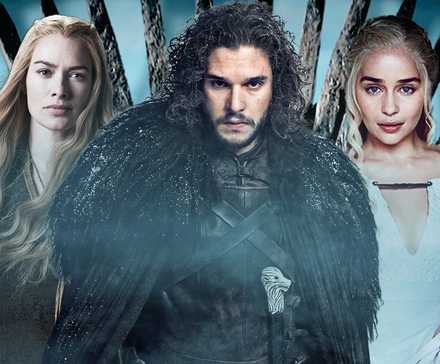 Blended image showing Cersei Lannister, Jon Snow, and Daenerys Targaryen against the Iron Throne.
