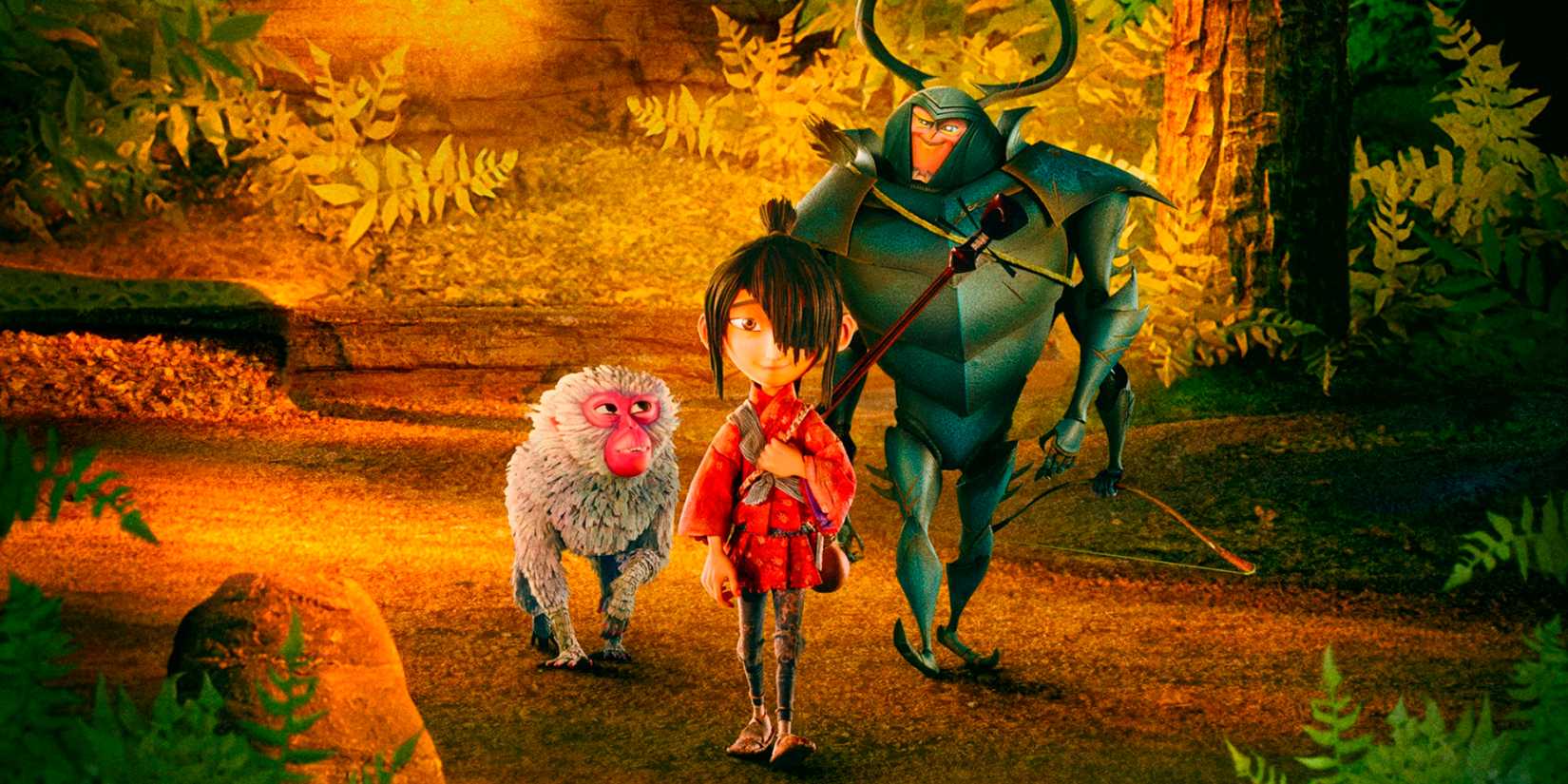 Characters from Kubo and the Two Strings walking through a forest.