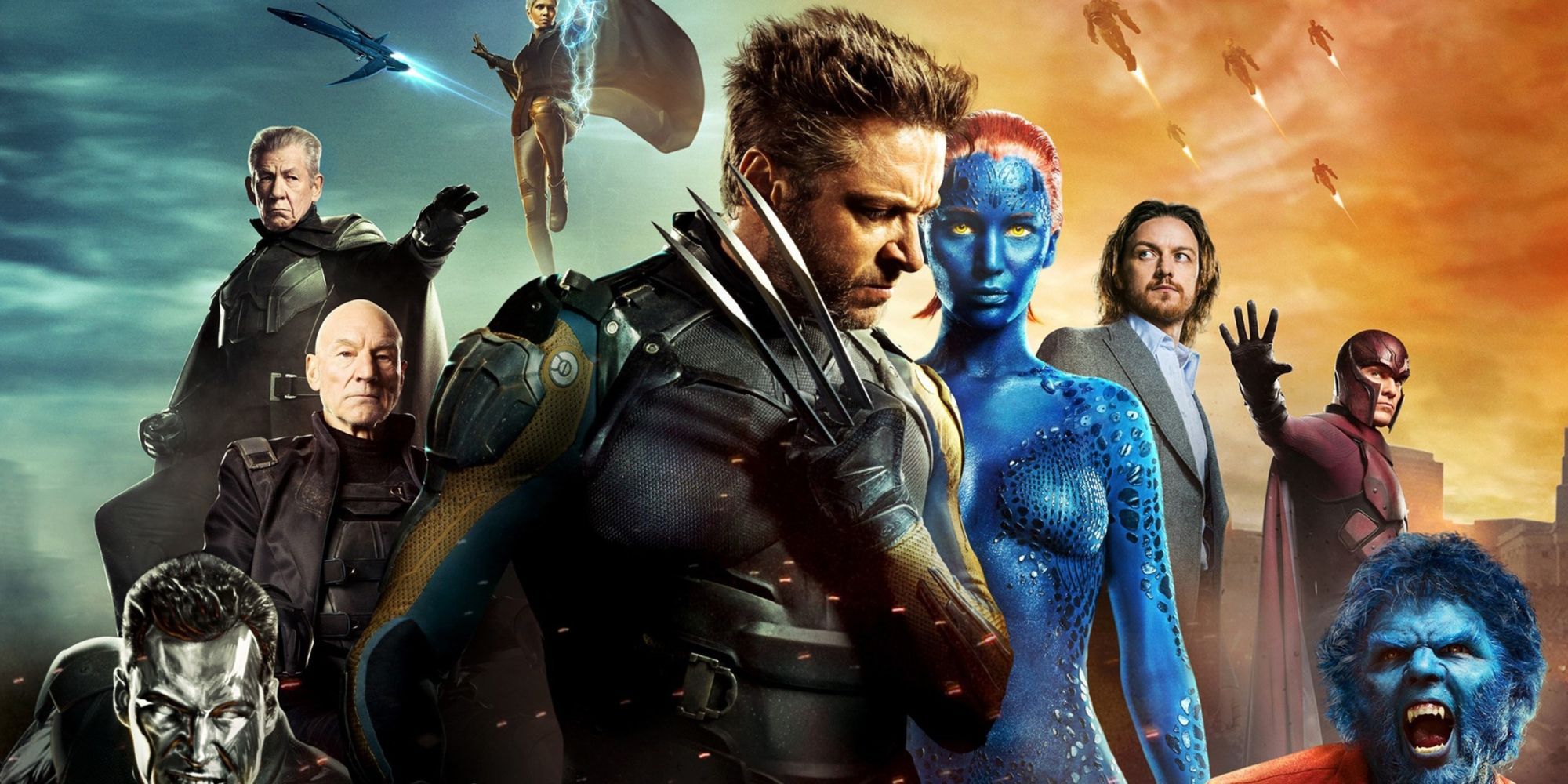 Promotional image for 'X-Men: Days of Future Past' featuring the cast led by Hugh Jackman as Wolverine.