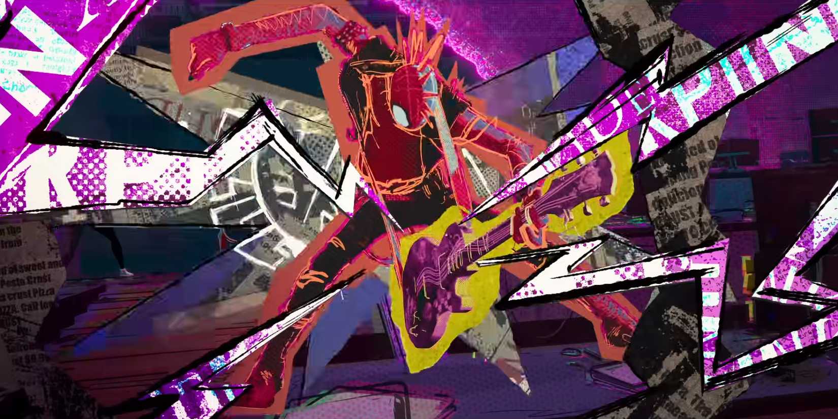  Across The Spiderverse', he is a punk spiderman in an eclectic zine collage style playing guitar