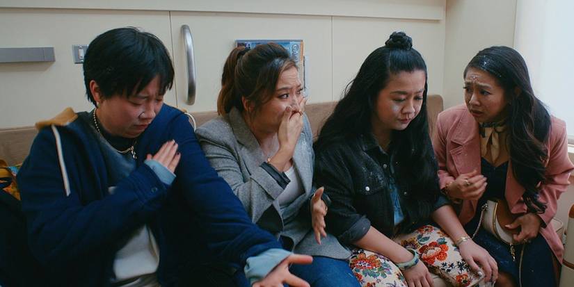 Sabrina Wu, Ashley Park, Sherry Cola, and Stephanie Hsu covered in drugs