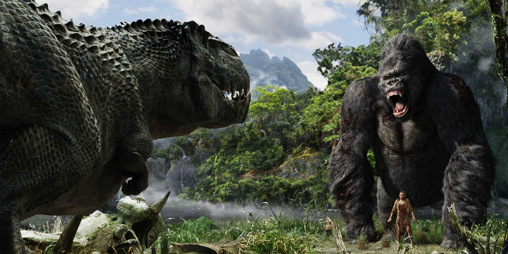 Kong roaring at a dinosaur in the 2005 version of King Kong directed by Peter Jackson