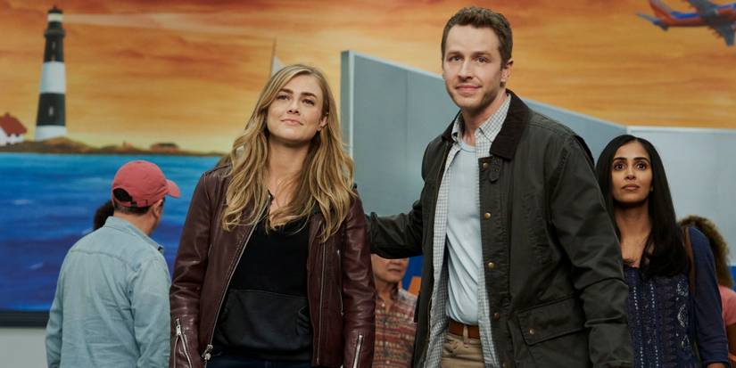 Melisa Roksburga Mihaelas Stounas lomā, Džošs Dalass Bena Stouna lomā un Pārvīns Kaurs Sanvi Bāla lomā Manifesta 4. sezonā, 20. sērija. 