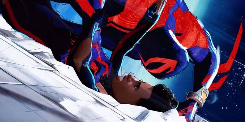 Miguel pins down Miles as he tries to escape the Spiderverse in Spider-Man: Across the Spider-Verse.