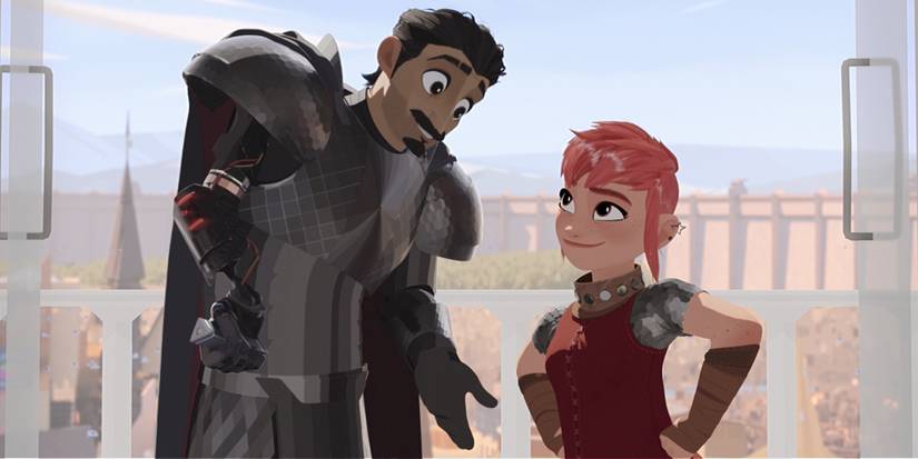Nimona talking to Ballister Boldheart in Netflix's Nimona.