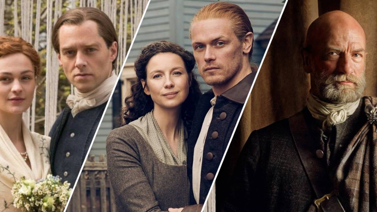 Brianna in white, Roger in black, Claire in grey, Jamie in black, and Dougal in grey in 'Outlander.'